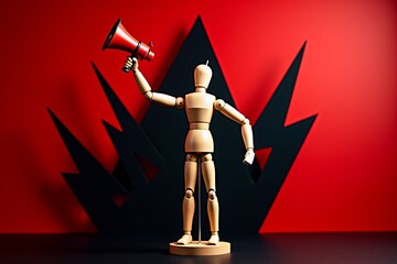 A wooden figure stands on a red surface, holding a megaphone in one hand and pointing with the othersymbolizing activism or protest against a bold black lightning bolt backdrop.