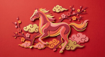 A pink and orange horse with a golden mane and tail runs through clouds and flowers on a red background, symbolizing freedom and beauty in a stylized, paper cutout design