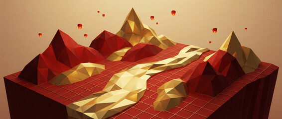 Low poly mountain range with red and yellow blocks on grid surface with floating red dots, abstract landscape