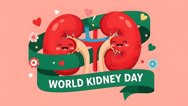 World kidney day illustration with cartoon kidneys