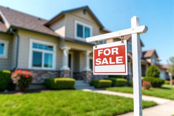 "For sale" sign stands in front of cozy suburban home, blue shutters, green lawn under sunny sky.
