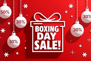 Boxing Day sale: festive red background with ornaments, snowflakes and "50% off" or "30% off" discounts. Holiday shopping vibes!