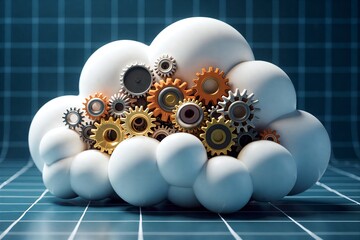 Cloud computing gears interlock, symbolizing technology integration. Futuristic design on grid background. Clean, modern aesthetic.