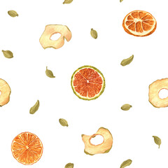 Dried fruit slices and cardamom pods watercolor isolated seamless pattern. Raw sweeet apple chips, round orange slice and seasoning seeds illustration. Natural ingredients for mulled wine decor.