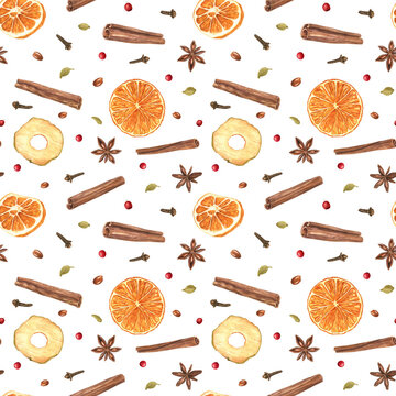 Aromatic cinnamon sticks, anise stars, cloves, apple and orange slices watercolor isolated seamless pattern. Spices and dried fruit pieces for winter drinks ornate for winter holiday packaging.