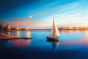 A serene sailboat glides across calm waters under a twilight sky, with soft hues of orange and blue reflecting in the still lake. A full moon hangs above distant city lights, casting gentle glow on th