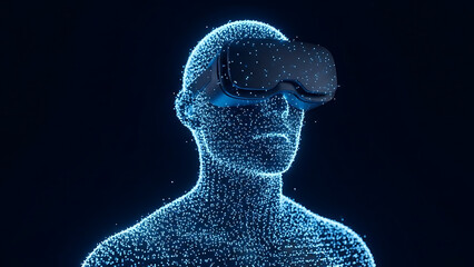 Abstract digital man wearing vr headset for immersive virtual reality experience in metaverse future technology concept digital particles forming human silhouette on dark background for sci-fi art