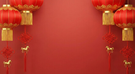 Red chinese lanterns with golden accents and horse ornaments on a red background for festive decoration
