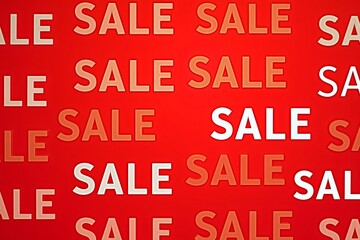 Red background filled with repeating "SALE" text in varying colors and sizes, creating a promotional discount visual.