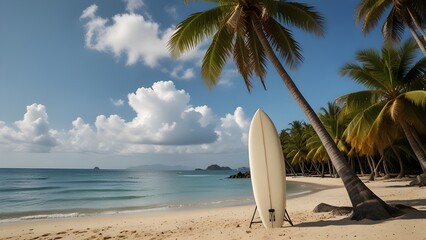 tropical beach with coconut trees and blue sky
