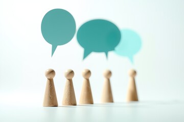 Wooden figures with speech bubbles symbolize communication, collaboration, and dialogue among peers in a minimalist setting.