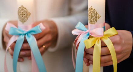 Two people holding decorated candles with colorful ribbons during a religious ceremony. Traditional celebration for Christian holiday.