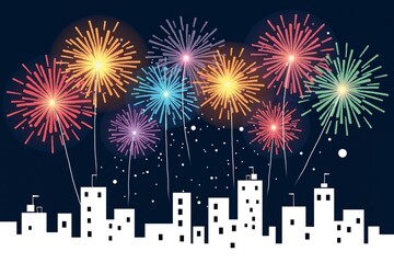 Fireworks explode over city skyline at night, colorful bursts lighting up dark sky above white building silhouettes.