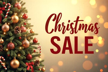 Christmas tree adorned with ornaments, lights and candy canes. "Hoppy Christmas Sale" text overlay on festive background.