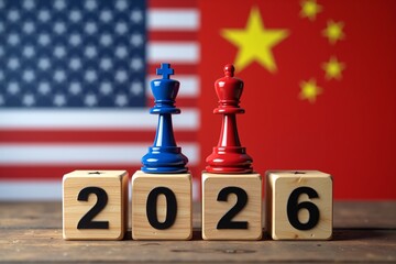 A blue and red chess queen stand atop wooden blocks displaying 2026, with blurred American and Chinese flags in the background  symbolizing global rivalry or competition ahead of 2026.