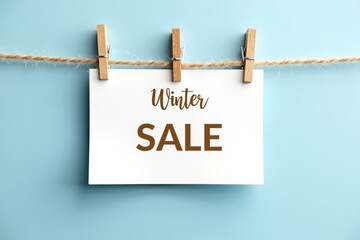 Wooden clip holds "Winter Sale" note on rope against light blue background, minimalist promotional design.
