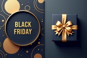 Black Friday sale design: gold text, circular frame, gift box with ribbon on dark background. Festive, luxury vibe.