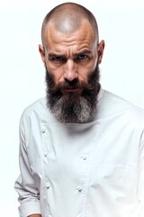 Bearded chef in white uniform, intense gaze, shaved head. Professional portrait against clean white background.