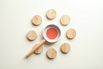 A wooden magnifying glass focuses on a red and white target, surrounded by circular wood pieces arranged in a circle  symbolizing focus, analysis, or precision targeting.