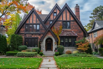 Large tudor revival style single family home exterior during fall season with colorful trees and green lawn