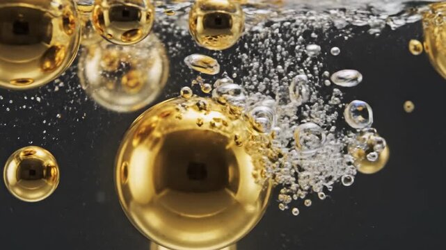 Golden liquid splashing in water, creating bubbles, on a dark background, for advertising or editorial use