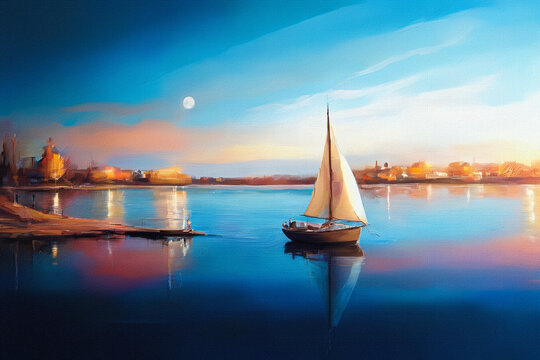 A serene sailboat glides across calm waters under a twilight sky, with soft hues of orange and blue reflecting in the still lake. A full moon hangs above distant city lights, casting gentle glow on th - Powered by Adobe