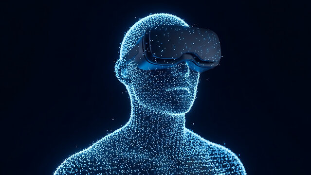 Abstract digital man wearing vr headset for immersive virtual reality experience in metaverse future technology concept digital particles forming human silhouette on dark background for sci-fi art - Powered by Adobe