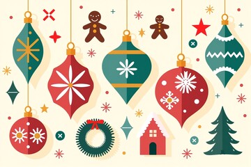Christmas ornaments, wreath, gingerbread man, trees, and house against festive background. Bright colors, holiday cheer.