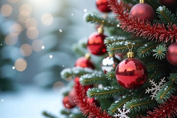 Christmas tree adorned with red ornaments, snowflakes, and soft bokeh lights in winter holiday scene.