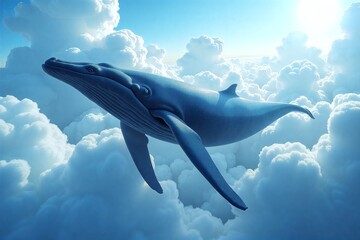 Blue whale soars through clouds under sun, serene sky backdrop. Fantasy marine creature flying above fluffy white cumulus formations.