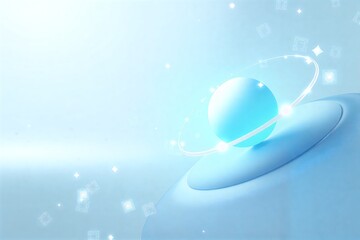 Futuristic glowing spheres and cubes float in serene blue space, radiating light with digital elegance.