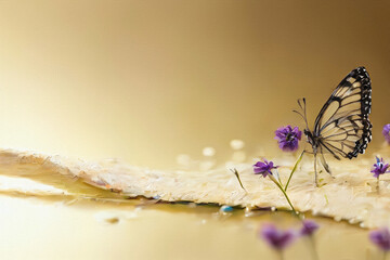 A delicate white butterfly perches on a purple flower in a sun-drenched meadow, surrounded by soft golden light and blurred wildflowers, evoking tranquility and natural beauty.