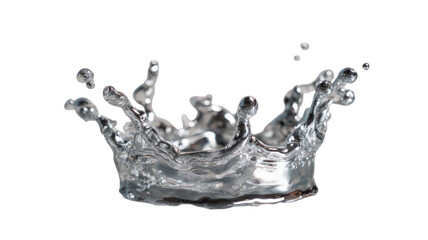 Metallic mercury droplet forming liquid crown pattern with reflective silver splash macro illustration isolated on white background