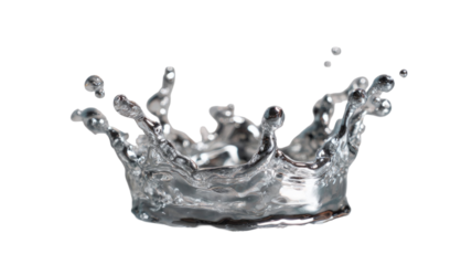 Metallic mercury droplet forming liquid crown pattern with reflective silver splash macro illustration isolated on white background