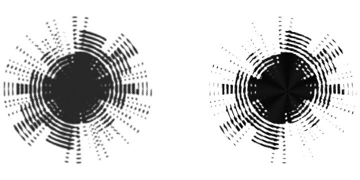 Pop art comic style dotted circle set. Abstract dotted circles, round halftones geometric dots, pop art texture. Illustration halftone effect round shape.