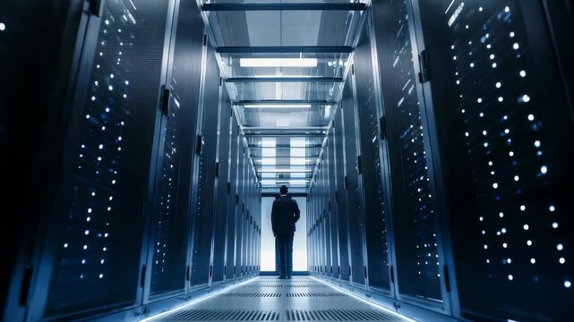 This image captures a person in a high tech server room, emphasizing cybersecurity, cloud computing, and digital infrastructure. The scene highlights innovation and data management trends