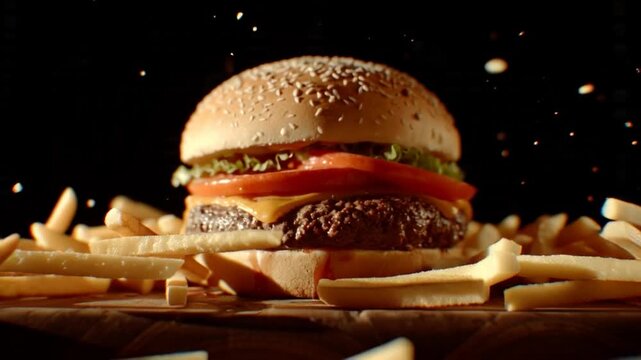 Super slow motion capture of French fries falling around a juicy cheeseburger on a dark surface in 4K 24fps close-up food photography