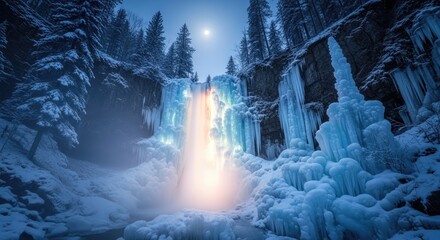 Winter wonderland scene with frozen waterfall and snow covered trees