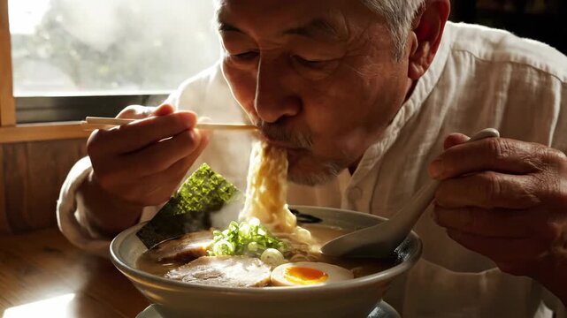 Man eating steaming noodles with chopsticks at a restaurant by a sunny window