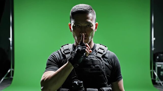Man in tactical gear gives a shh gesture in front of a green screen studio background
