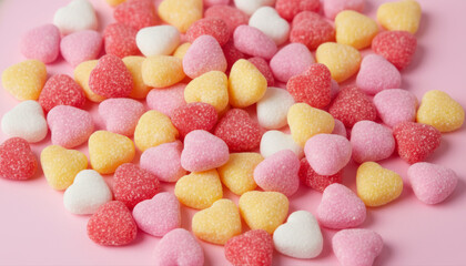 Pile of colorful heart shaped gummy candies with sugar coating on pink background for Valentine's Day.