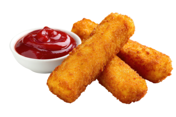Golden-brown fried cheese sticks with a bowl of red dipping sauce; isolated background