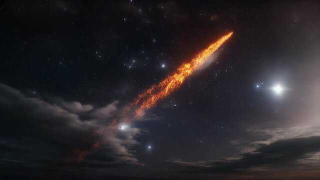 Meteor burning up in atmosphere with clouds and stars in background for astronomy or apocalypse concept