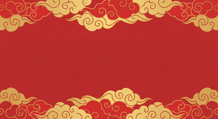 Vibrant red background with golden swirling clouds, decorative border, festive and elegant design element for celebrations, parties, or special occasions, luxurious texture