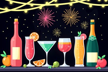 Fireworks light up night as colorful cocktails and bottles line bar, festive drinks under string lights.