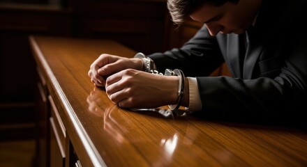 Close-up of a person in handcuffs resting hands on a polished courtroom desk.