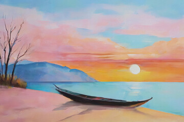 A serene sunset over calm waters, with a lone boat resting on the shore beside bare trees and distant mountains under soft pink and orange skies.