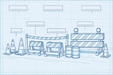 Blueprint illustration of construction barriers and cones with an organized layout, showcasing a systematic approach to urban planning and safety measures in a creative environment