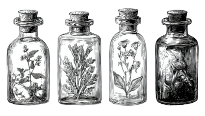 Four vintage glass bottles filled with various preserved botanical specimens, capped with corks