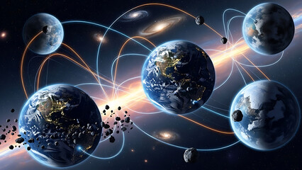 Multiple earth planets orbiting bright central star core surrounded by asteroid belts and glowing energy paths across dark deep space featuring distant spiral galaxies and planetary connections art